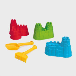komplet do piasku – 3 mini zamki, łopatka, grabki